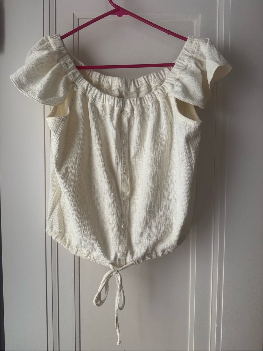 Madewell Cream Off-Shoulder Button Tie-Hem Blouse